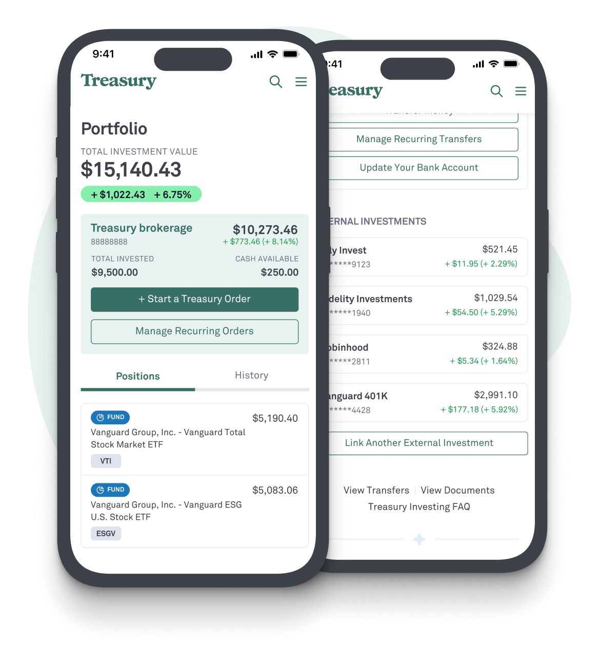Mobile screenshots of the Treasury app, showing examples of the Portfolio and Investing interface